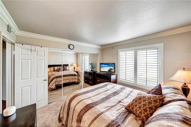 bedroom with light colored carpet, ornamental molding, and multiple windows