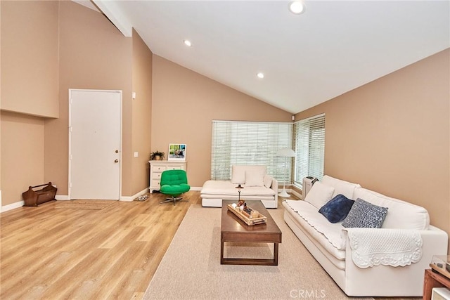 living room featuring high vaulted ceiling and light hardwood / wood-style floors