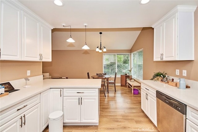 kitchen with decorative light fixtures, dishwasher, white cabinets, kitchen peninsula, and light hardwood / wood-style flooring