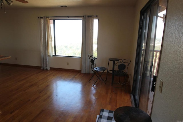 interior space with ceiling fan and hardwood / wood-style floors