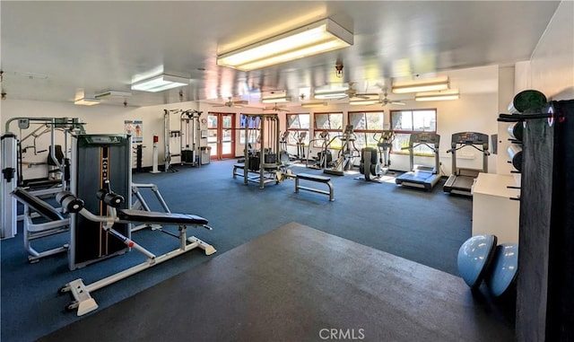 gym with a wealth of natural light and ceiling fan