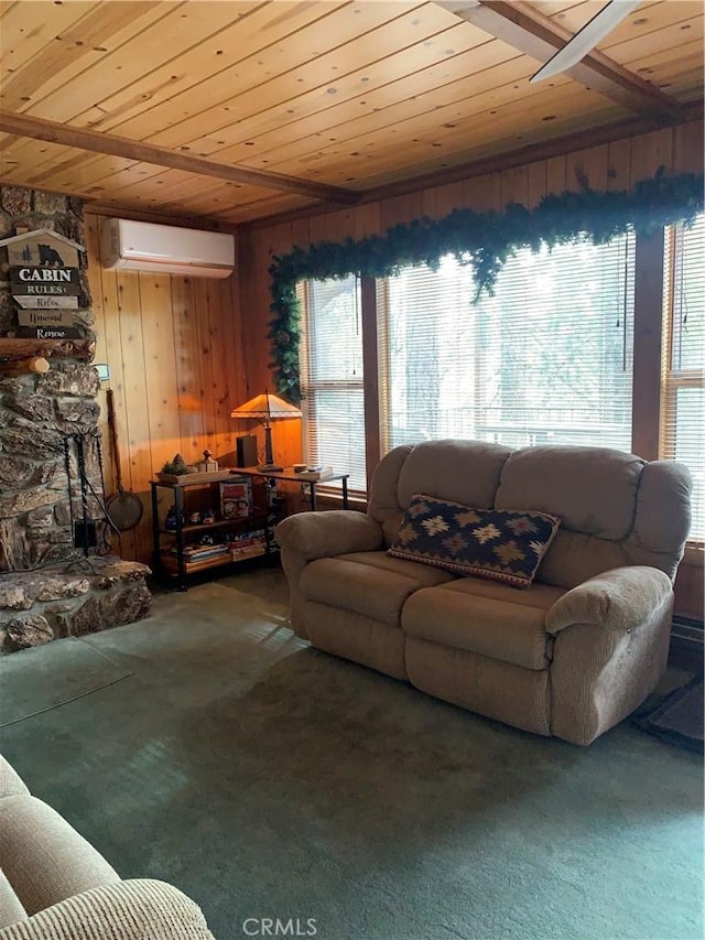 carpeted living room featuring wooden ceiling, wood walls, and a wall mounted AC