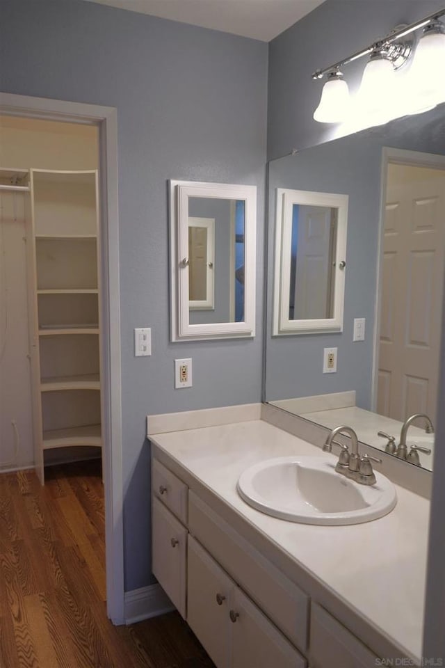 bathroom with wood-type flooring and vanity