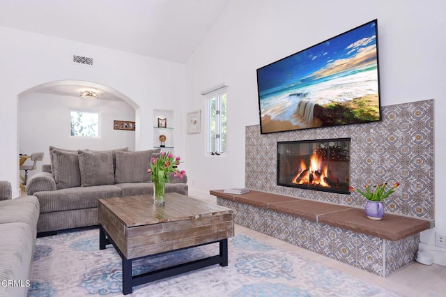 living room with vaulted ceiling