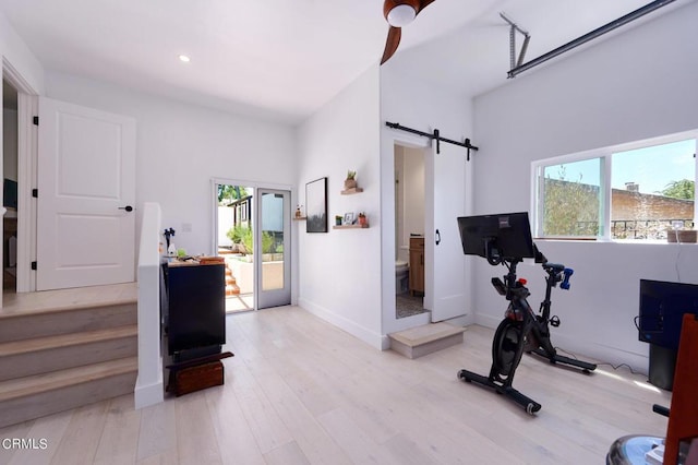 exercise room featuring light hardwood / wood-style flooring