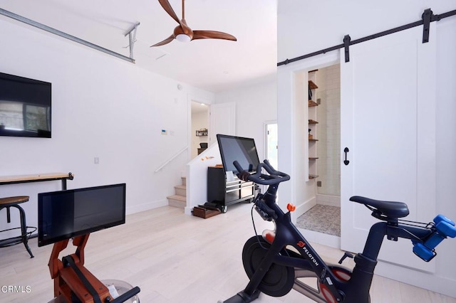 exercise room with ceiling fan, a barn door, and light hardwood / wood-style floors