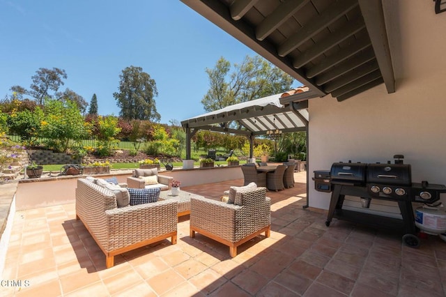 view of patio featuring an outdoor hangout area and a pergola