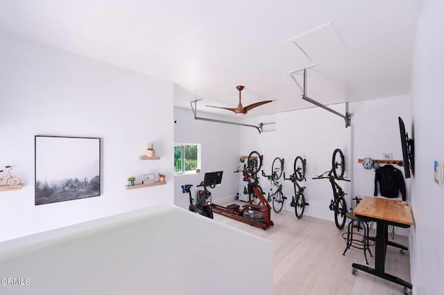 workout area with ceiling fan and light hardwood / wood-style flooring