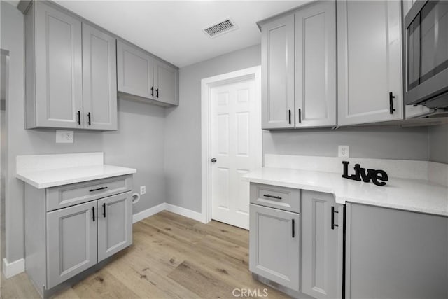 kitchen with light hardwood / wood-style floors and gray cabinets