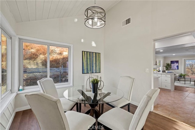 dining room featuring lofted ceiling, dark hardwood / wood-style floors, a wealth of natural light, and a chandelier