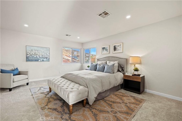 bedroom featuring recessed lighting, visible vents, carpet floors, and baseboards