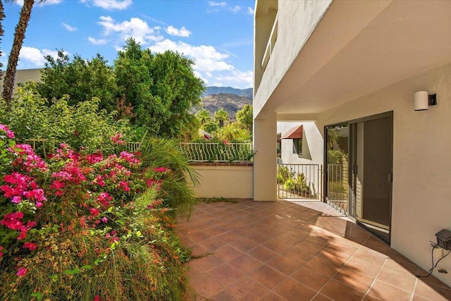 view of patio with a mountain view