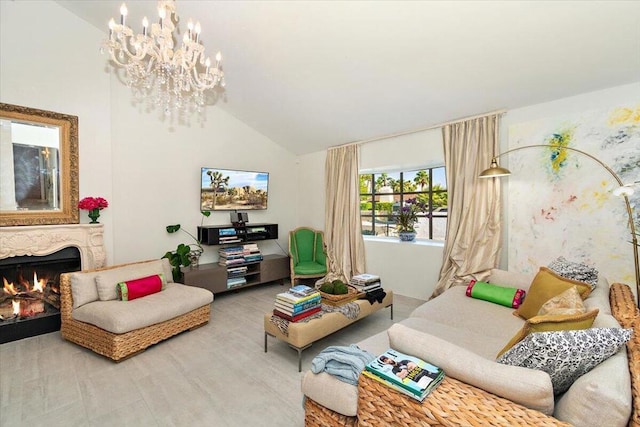 living room with a fireplace, an inviting chandelier, and high vaulted ceiling