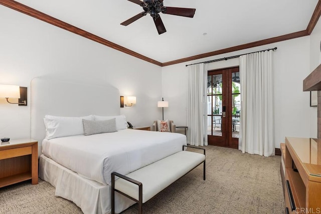 bedroom with ornamental molding, light carpet, access to exterior, and french doors