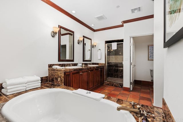 full bathroom with toilet, separate shower and tub, ornamental molding, vanity, and tile patterned flooring