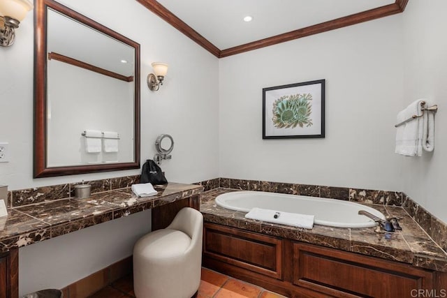 bathroom with a bath, crown molding, and tile patterned floors