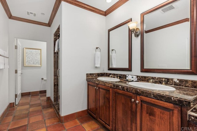 bathroom featuring ornamental molding, vanity, and walk in shower