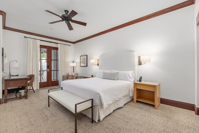 carpeted bedroom featuring french doors, ceiling fan, ornamental molding, and access to exterior