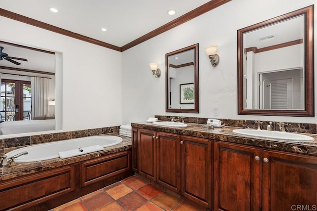 bathroom featuring vanity, ornamental molding, a bath, and ceiling fan