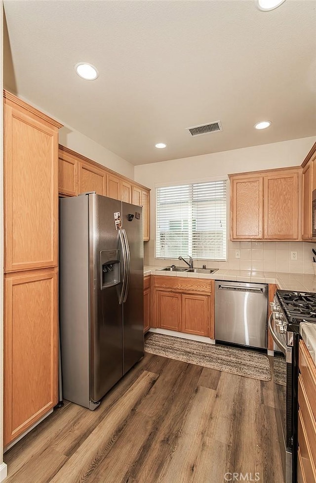 kitchen featuring dark wood-type flooring, appliances with stainless steel finishes, sink, and tasteful backsplash