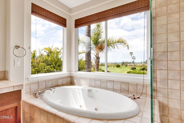 bathroom with tiled tub