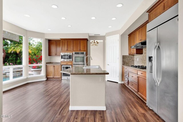 kitchen with sink, appliances with stainless steel finishes, dark hardwood / wood-style flooring, an island with sink, and stone counters