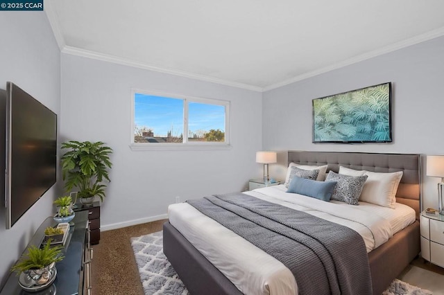 carpeted bedroom with crown molding