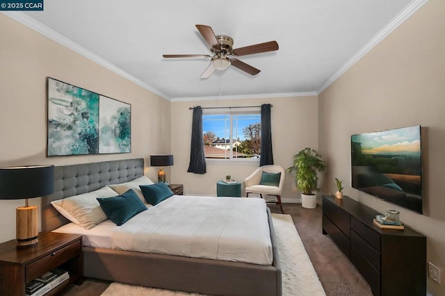 bedroom with ceiling fan, dark carpet, and ornamental molding