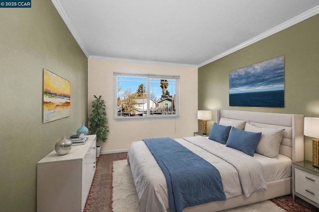 bedroom with light carpet and crown molding