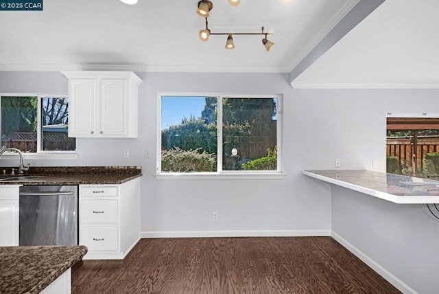 kitchen featuring stainless steel dishwasher, sink, crown molding, white cabinetry, and dark wood-type flooring