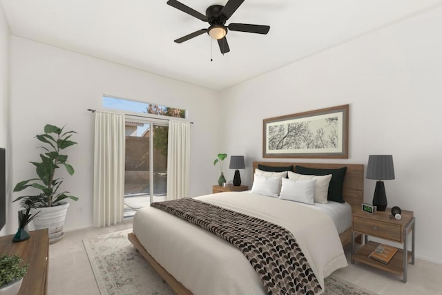 bedroom featuring ceiling fan, access to exterior, and light colored carpet