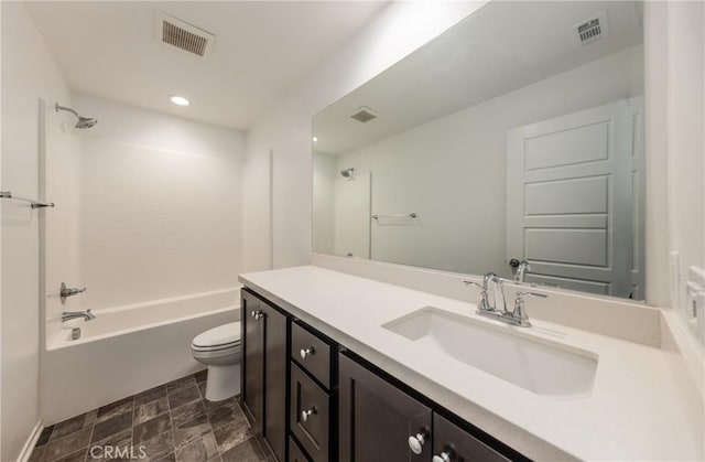 full bathroom with vanity, bathtub / shower combination, and toilet