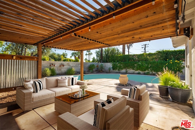 view of patio with an outdoor living space, a pergola, and a fenced in pool