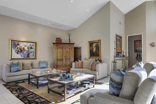 tiled living room featuring high vaulted ceiling