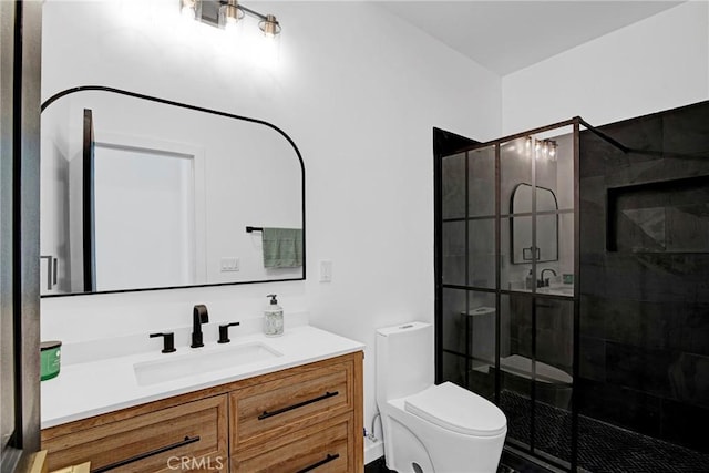 bathroom featuring toilet, vanity, and a shower with shower door