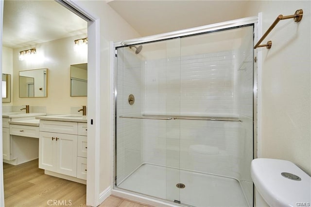 bathroom featuring toilet, vanity, wood-type flooring, and a shower with door