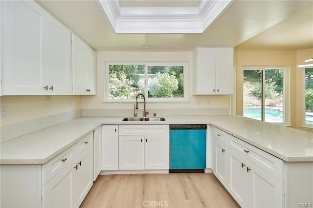 kitchen with white cabinetry, light hardwood / wood-style floors, kitchen peninsula, dishwasher, and sink