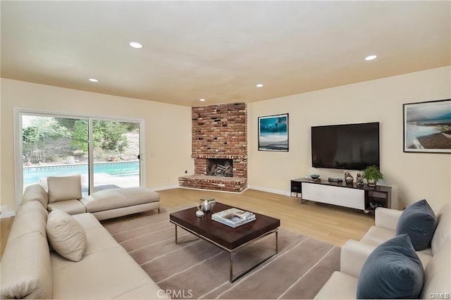 living room featuring wood-type flooring and a fireplace