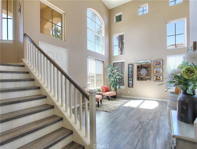 staircase featuring a high ceiling, a healthy amount of sunlight, and hardwood / wood-style flooring