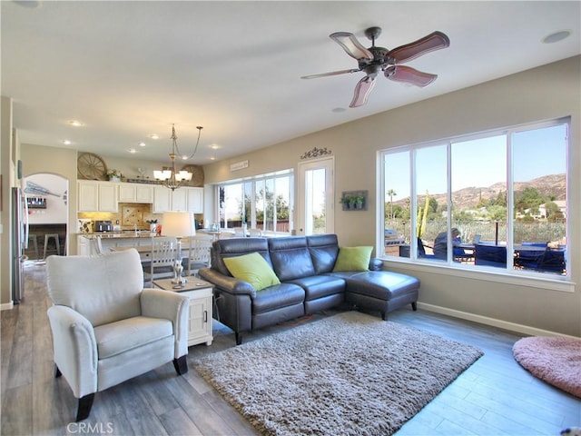 living room featuring a wealth of natural light, a mountain view, and hardwood / wood-style flooring