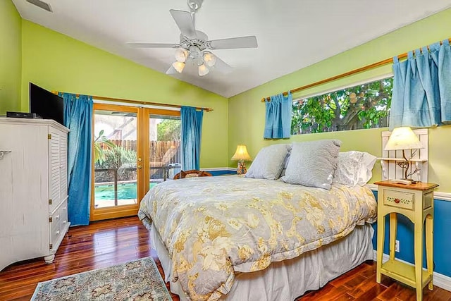 bedroom featuring ceiling fan, access to outside, dark hardwood / wood-style floors, and lofted ceiling