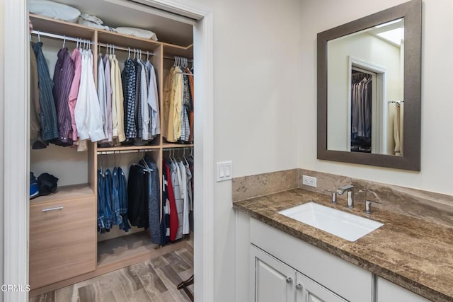 bathroom with hardwood / wood-style flooring and vanity