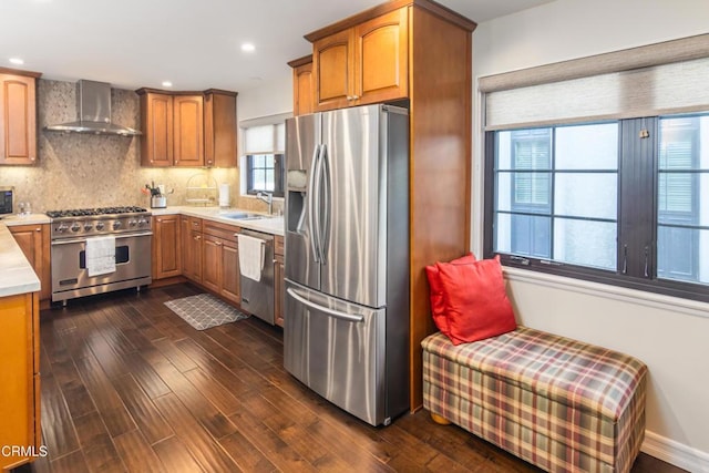 kitchen featuring backsplash, wall chimney range hood, sink, appliances with stainless steel finishes, and dark hardwood / wood-style flooring