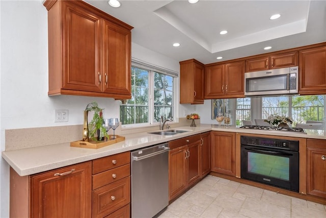 kitchen featuring a raised ceiling, sink, and stainless steel appliances