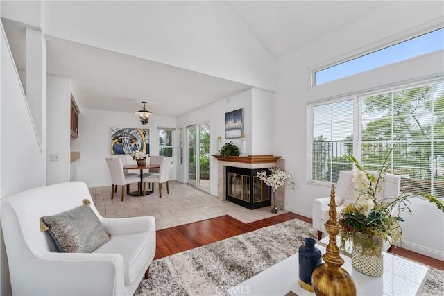 living room featuring vaulted ceiling, ceiling fan, plenty of natural light, and light hardwood / wood-style flooring