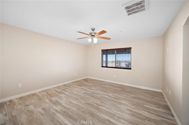 empty room featuring ceiling fan and light hardwood / wood-style flooring