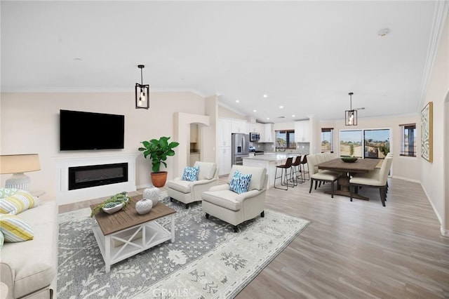 living room with vaulted ceiling, ornamental molding, and light hardwood / wood-style floors