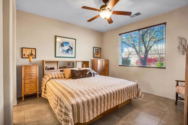 bedroom featuring ceiling fan and tile patterned flooring