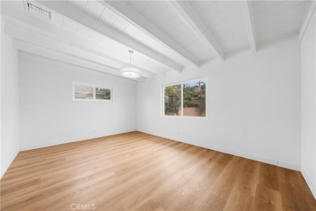 unfurnished room with hardwood / wood-style floors and beamed ceiling