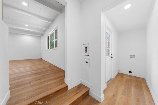 laundry room featuring washer hookup, wooden ceiling, and light hardwood / wood-style floors